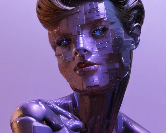 Prompt: beauty woman made of small cubes and lasers, very detailed, dramatic lighting, mechanical details, electrical details, high details, 4k, 8k, trending on artstation, by Hajime Sorayama and Boris Vallejo