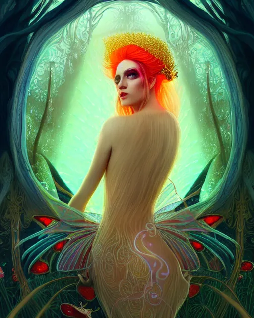 Image similar to portrait, stunningly beautiful female faerie priestess in amanita muscaria forest landscape, symmetrical wings on back, neon hair, wearing a dress of gossamer gold, inner glow, illustration, dramatic lighting, soft details, painting, art nouveau, octane render, 8 k, hd, by brom, faces by otto schmidt