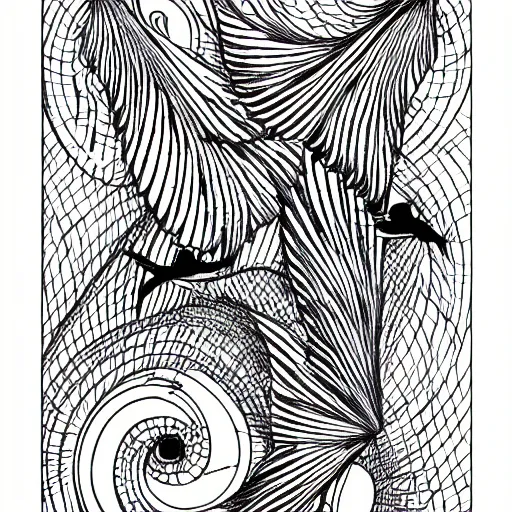 Prompt: an art nouveau design of birds flying in a simple spiral, ink, line art