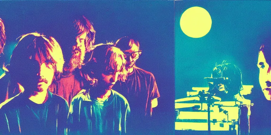 Prompt: risograph grainy painting of boards of canada - music has right to children, by moebius and dirk dzimirsky and satisho kon, blue hour, close - up wide portrait