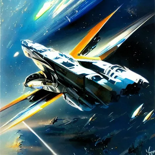 Image similar to futuristic spaceship jumping to warp lightspeed concept art oil painting by , extremely detailed, brush hard, by john berkey