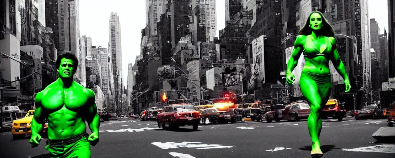 Image similar to “ the incredible hulk with the face of natalie portman, film still, studio lighting, on a busy street of new york city ”