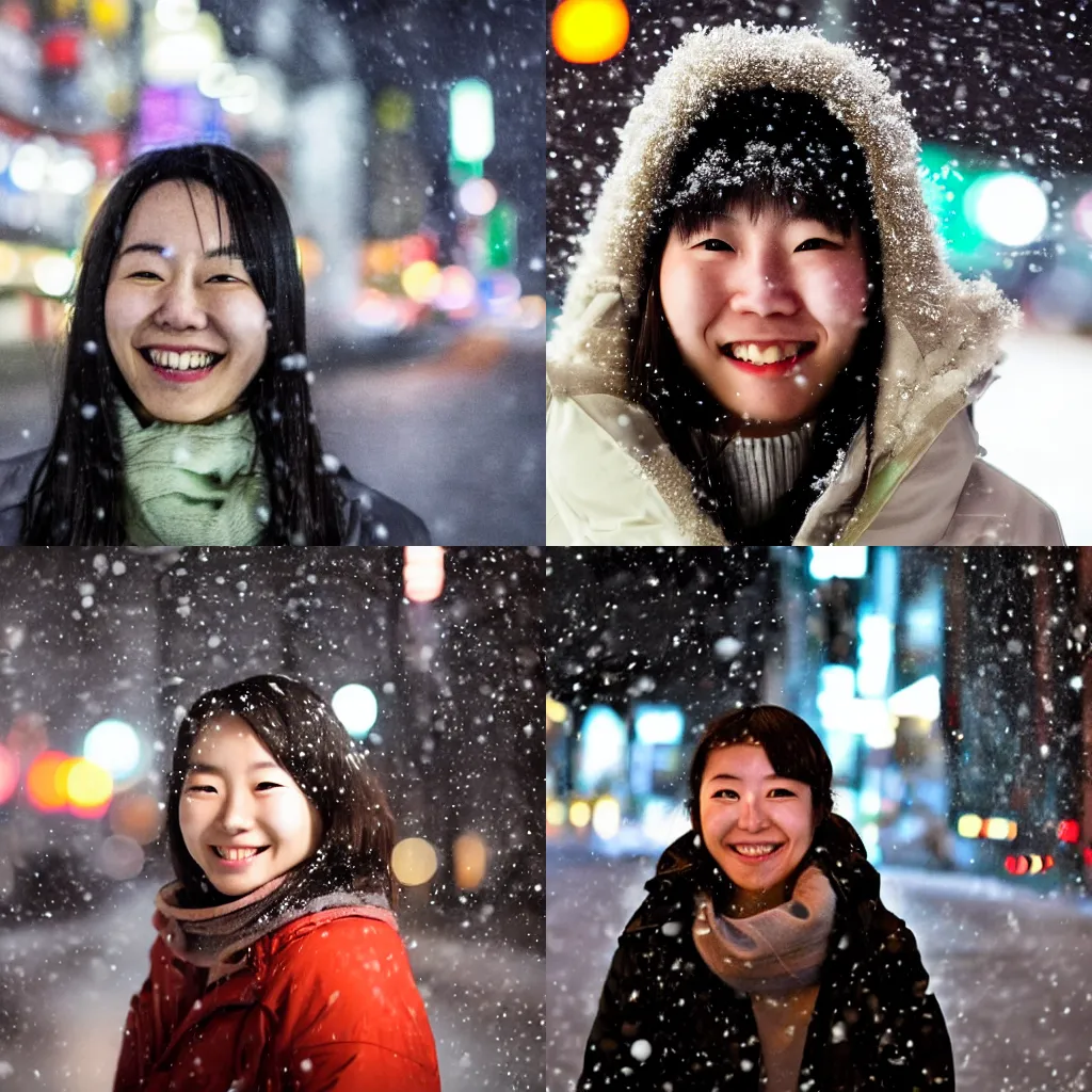 Prompt: a smiling young japanese woman on a snowy night in Akihabara, close-up