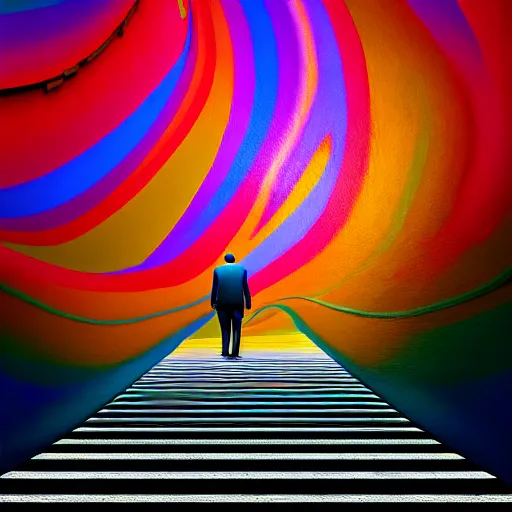 Image similar to photo - realistic, painting of a man walking alone in the boulevard of psychedelic dreams, trippy stairs in the background, hyper detail, sharp, in the style of beeple, mobeius, rule of thirds, unreal engine