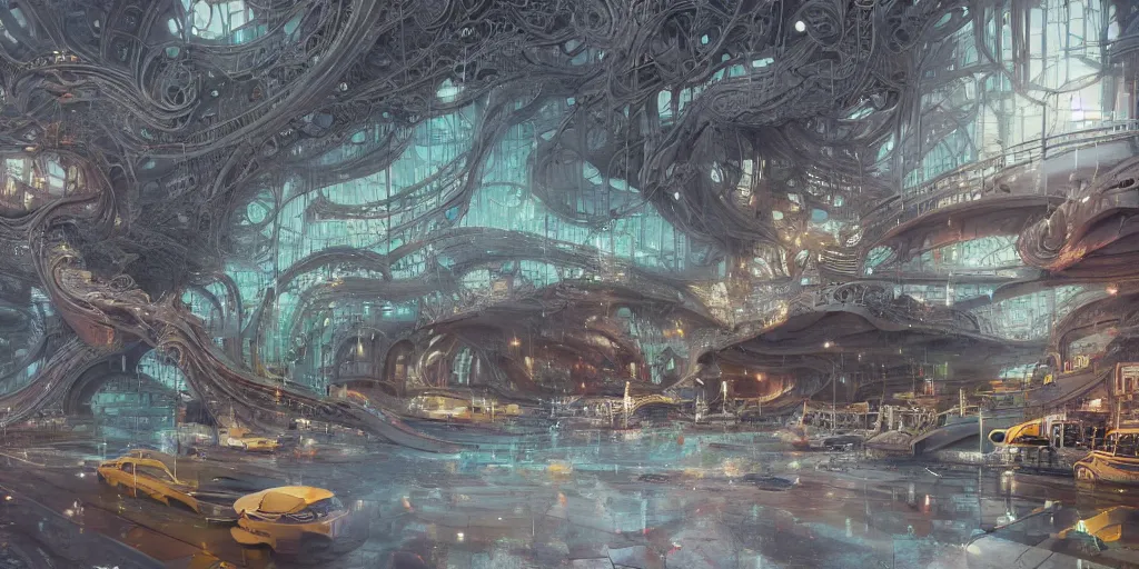 Prompt: a beautiful insanely detailed modern bus station intricate detailed color smashing fluid oilpaint, 3 d render, hyper realistic detailed, melting wax, fluid acrilic, thin fractal tendrils, scifi, fantasy, hyper detailed, octane render, concept art, clean cel shaded vector art, by peter mohrbacher, by wlop, by ruan jia