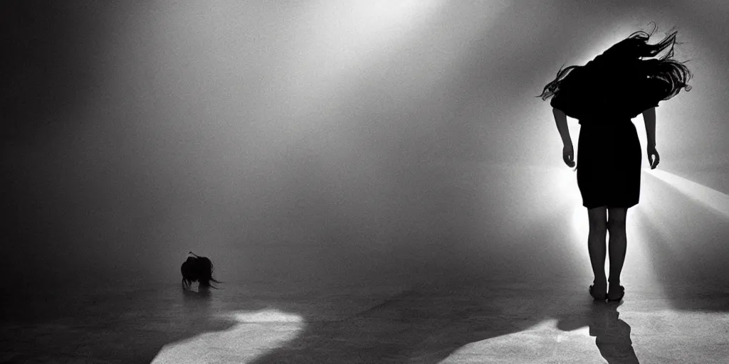 Image similar to high - contrast cinematic atmospheric photo of a lost girl looking backwards by fan ho, realistic, god rays