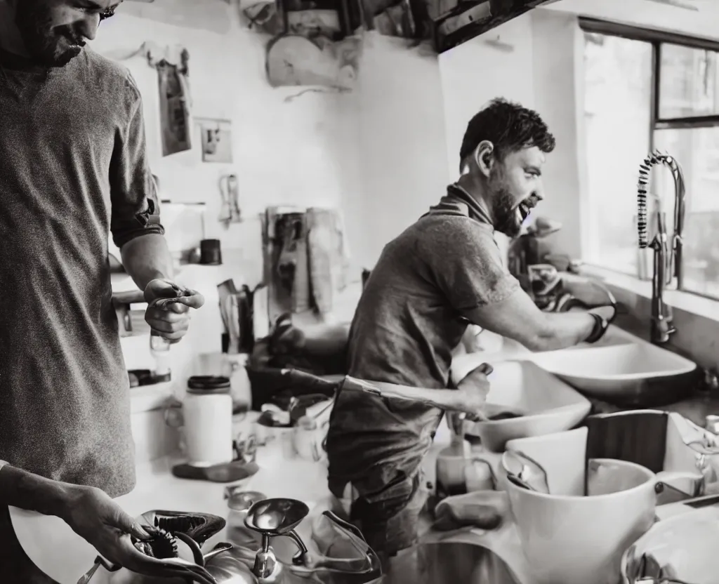 Image similar to first person point of view of a man holding a tooth brush in front of kitchen sink