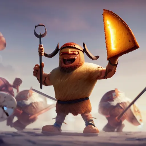 Image similar to viking battle toast, a slice of toasted bread with a face, arms and legs, holding a sword, cute, pixar, volumetric lighting, dynamic composition, fantasy, hyper detailed, ultra realistic, sharp focus, octane render, concept art by ruan jia and heng z and artem