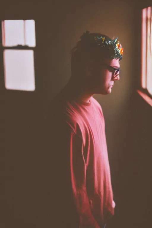 Image similar to agfa vista 4 0 0 photograph of a guy standing in a cluttered 9 0 s bedroom, flower crown, back view, lens flare, moody lighting, moody vibe, telephoto, 9 0 s vibe, blurry background, grain, tranquil, calm, faded!,