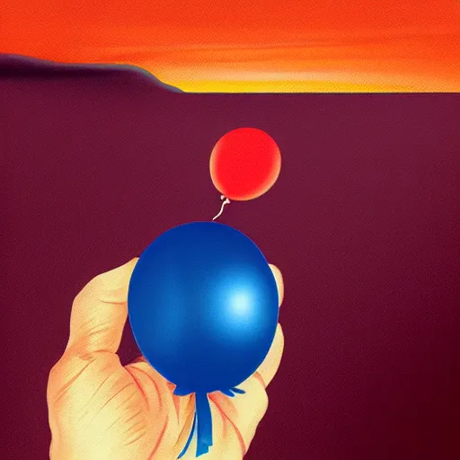 Prompt: album art of a hand holding a balloon coming out the water with a red sky by chris bilheimer, moody, digital art