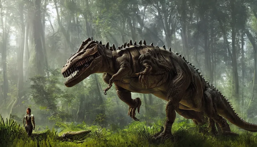 Image similar to A machinated dinosaur hybrid of a T-Rex standing tall within a lush green forest from the playstation 5 game Horizon:Zero Dawn world, the T-Rex is part machine part dinosaur, sci-fi concept art, highly detailed, oil on canvas by James Gurney