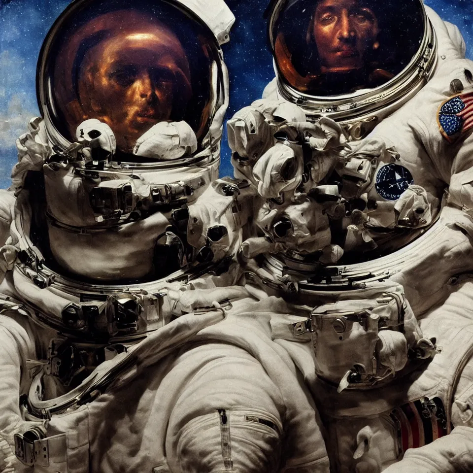 Image similar to a detailed bust of an astronaut by caravaggio, dynamic lighting, cinematic, epic composition, masterpiece