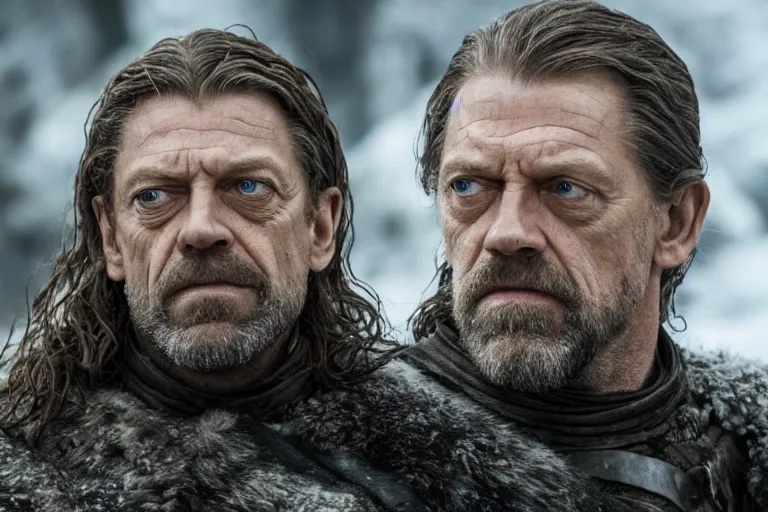 Prompt: promotional image of Hugh Laurie as Ned Stark in Game of Thrones, realistic, detailed face, movie still frame, promotional image, imax 70 mm footage