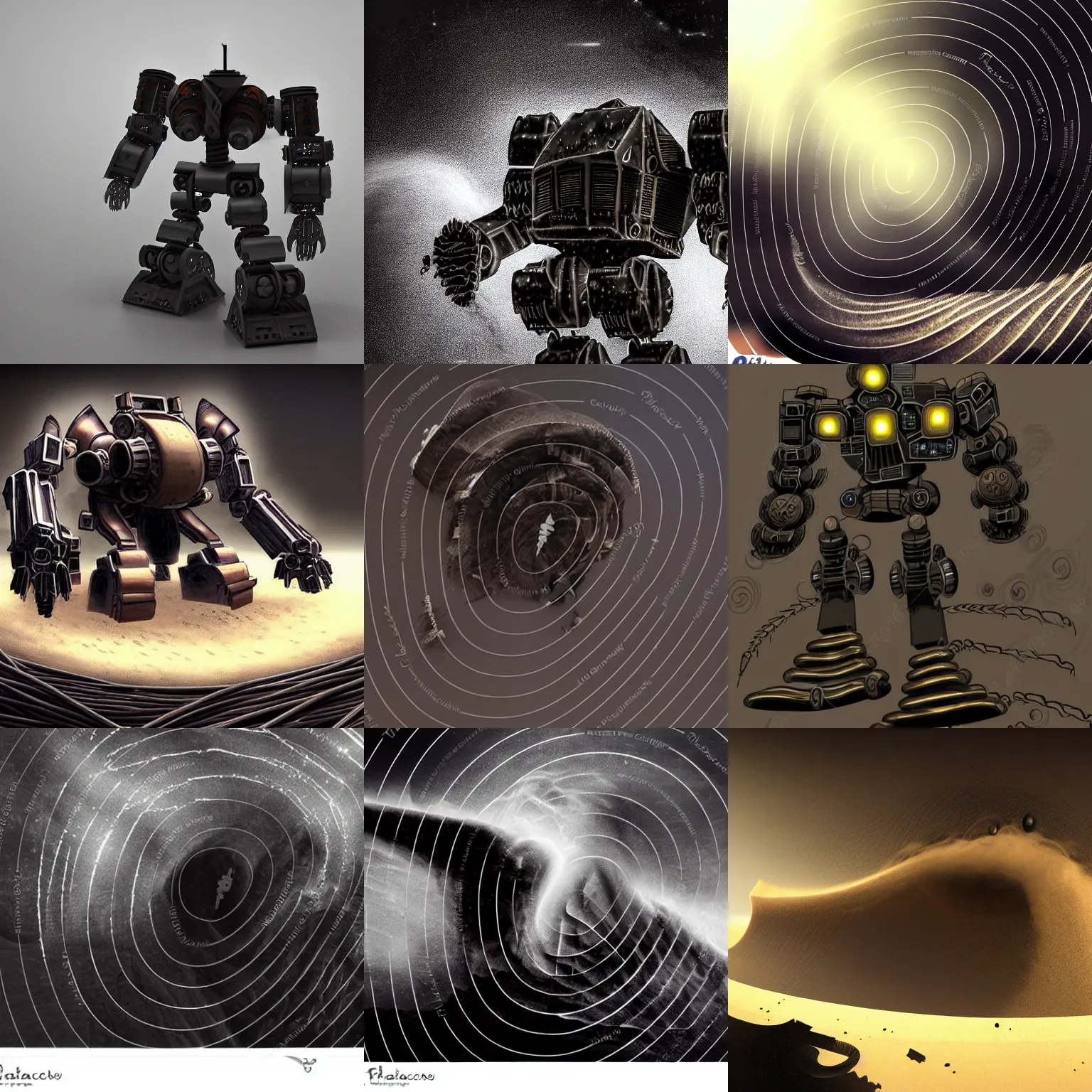 Prompt: dark black intense heavy thick dense sandstorm swirling, spinning, rotating and almost covering a ruin mega mech humanoid which is broken down, decomposition, disintegrating, disappearing, exposing screw, nut, pipe, circuits, wires