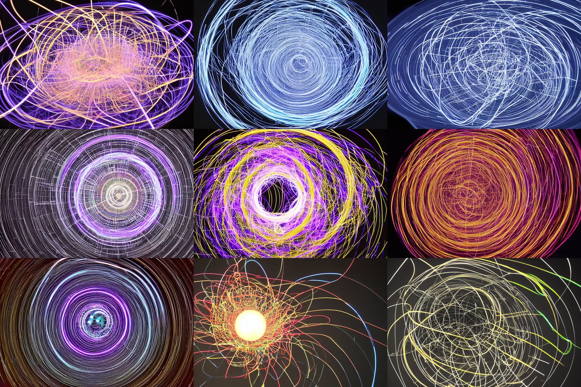 Prompt: glowing chaotic Lorenz attractor graph, spherical, symmetrical, time-lapse photography of a strange attractor spherical LED pendulum system