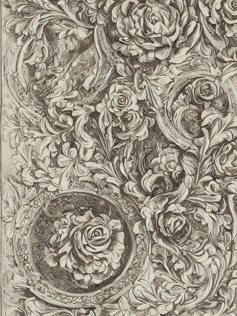 Prompt: beautiful decorative ornament with classical floral elements emanating from center of design, decorative design, classical ornament, motif, bilateral symmetry, roses, leaves, flowers, buds, flowering buds, negative space, highly detailed etching,