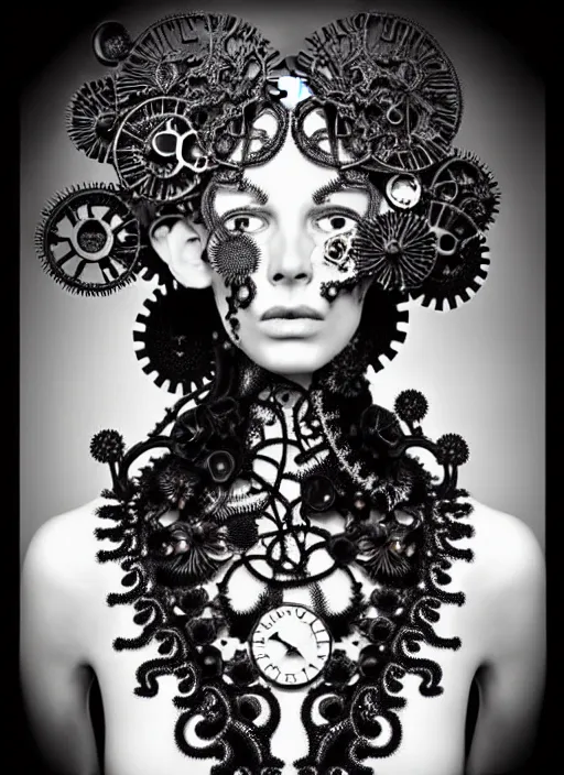 Image similar to surreal black and white photo portrait of complex bio-mechanical beautiful young female vegetal-cyborg with a Mandelbrot fractal steampunk metal fine lace face, a very long neck and a fine metal floral foliage super big lace collar by Alexander McQueen:: high fashion, haute couture, rococo, steampunk, silver filigree details, anatomical, facial muscles, cable wires, microchip, elegant, dreamy, foggy, hyper realistic, 150 mm lens, soft rim light, octane render, unreal engine, picture was taken in 1910 by Dora Maar, volumetric lighting, dramatic light,8k,