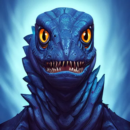 Image similar to portrait of an antropomorphic raptor creature, reptile face, dark blue scales, angry look, ready for battle, mattepainting concept blizzard pixar maya engine on cold night stylized background splash comics global illumination lighting artstation lois van baarle, ilya kuvshinov, rossdraws