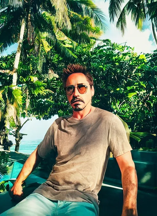 Image similar to a full portrait photo of robert downey jr holiday in bali, f / 2 2, 3 5 mm, 2 7 0 0 k, lighting, perfect faces, award winning photography.