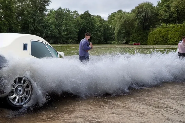 Image similar to Group of teenagers push Rolls-Royce into lake from small slide