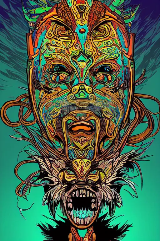 Image similar to totem animal mask tribal feather gemstone plant wood rock shaman vodoo video game vector illustration vivid multicolor borderlands comics by josan gonzales and dan mumford radiating a glowing aura