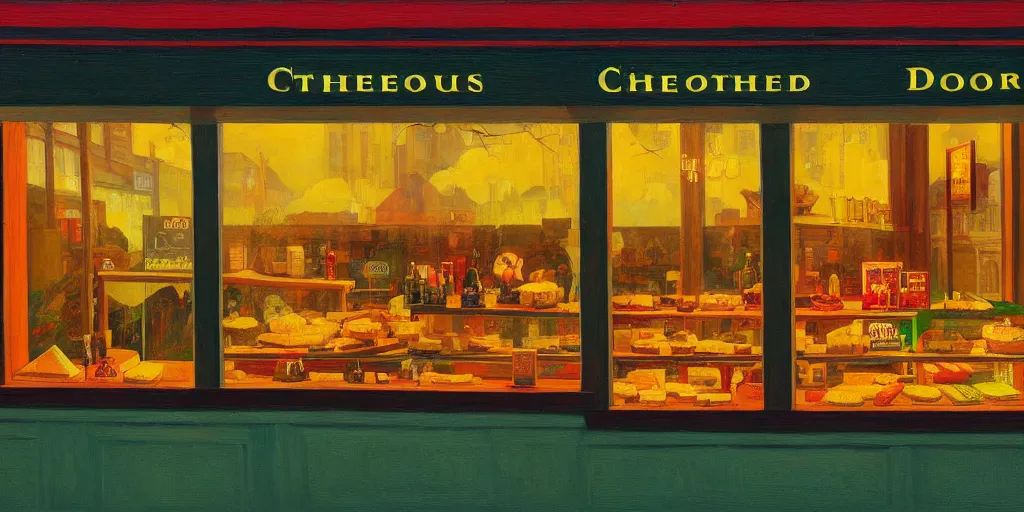 Image similar to a cheese shop window, by dan mumford and peter doig and edward hopper, highly detailed, dramatic lighting, 8 k