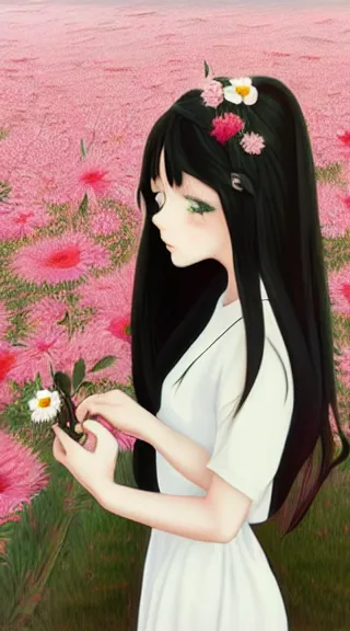 Image similar to little girl with her long black hair dressed in a simple white dress putting flowers on hair, anime art style, digital artwork made by ilya kuvshinov, inspired in balthus, hd, 4 k, hyper detailed