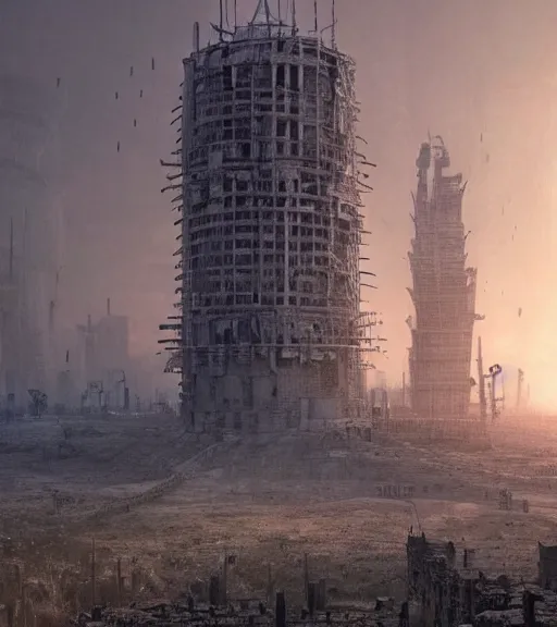 Image similar to andrei tarkovsky cyberpunk greatest scene, ancient tower of babylon, by kentaro miura, hyperrealistic, cyber world, ambient lighting, concept art, hyper - detailed, smooth, octane, ray tracing, cinematic, high quality