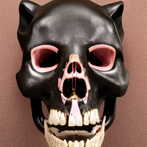 Image similar to opened mouth panther skull with gold teeth and raw gems and crystal inlaid panther skull, exposed in museum, matte black, rose gold, amethyst, high coloration, ambient lightning, focused, highly detailed, 8 k