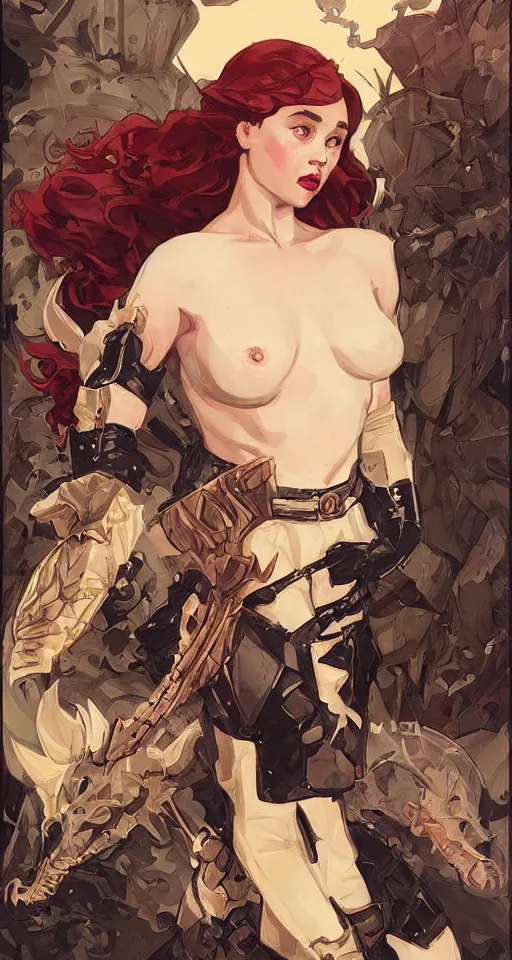 Image similar to redhead emilia clarke wearing black armour with bare legs, mucha, hard shadows and strong rim light, art by jc leyendecker and atey ghailan and sachin teng