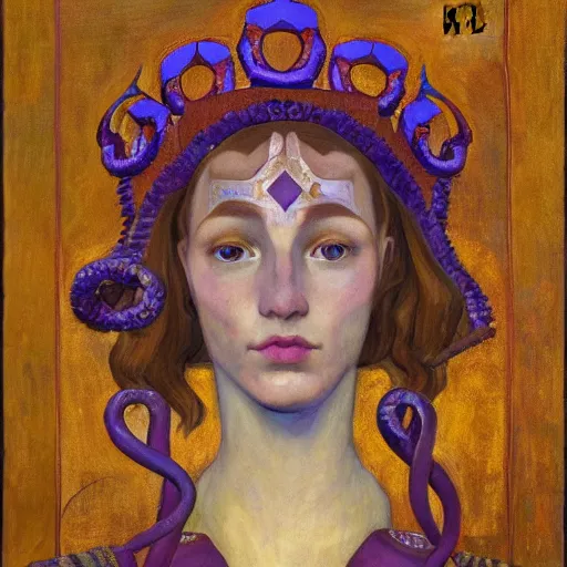 Image similar to the tentacle crown, by Annie Swynnerton and Nicholas Roerich and Diego Rivera, violet skin, elaborate costume, geometric ornament, rich color, dramatic cinematic lighting, smooth, sharp focus, extremely detailed
