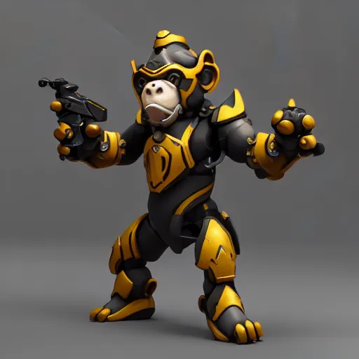 Prompt: a little monkey with the appearance and armor of winston from overwatch, design, octane render, 4 k, ingame shot