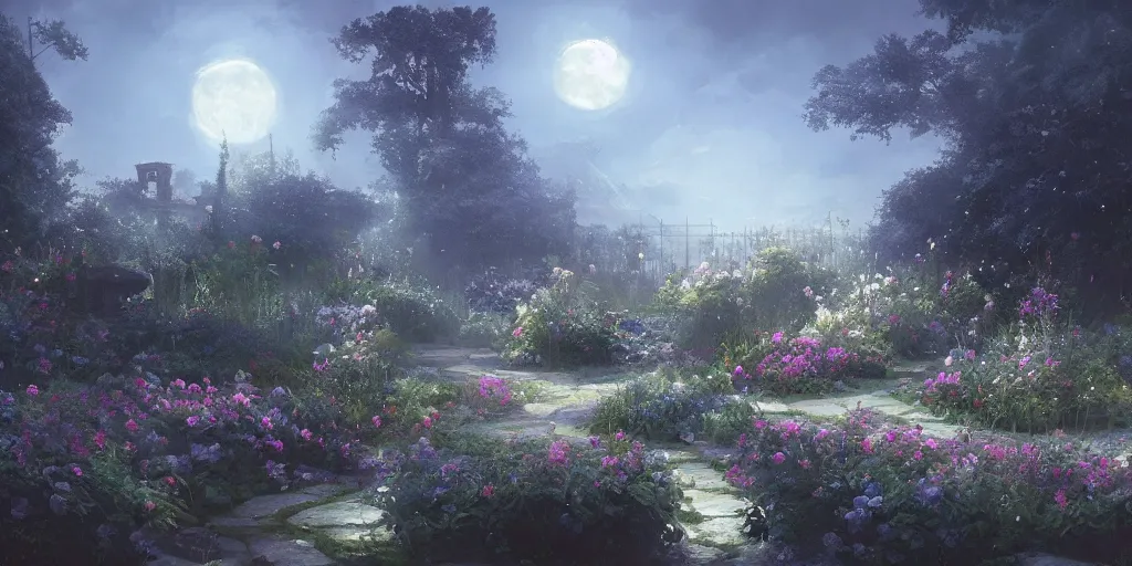 Image similar to a beautiful painting of the blue roses garden and the moon, greg rutkowski style, trending on artstation