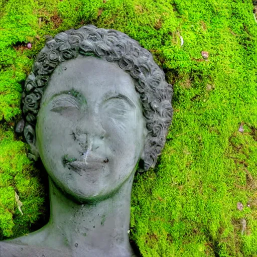 Prompt: photo of a statue covered in moss