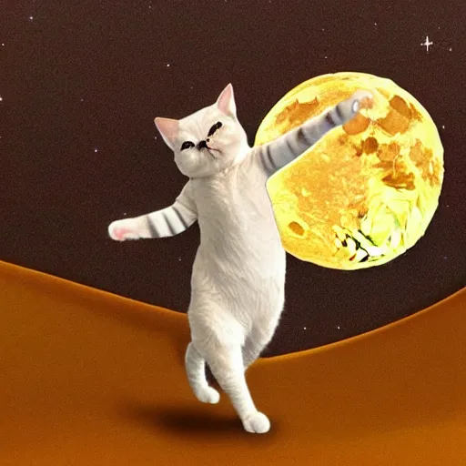 Image similar to a cat dancing flamenco on the moon