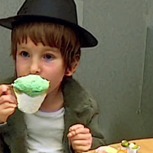 Prompt: cctv footage of snufkin eating ice cream