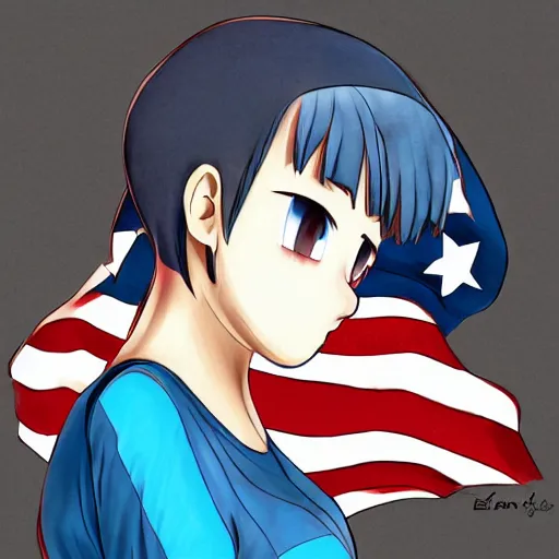 Image similar to a woman in a blue shirt with a american flag on her face, an anime drawing by ei - q, featured on pixiv, superflat, flat colors, commission for, anime