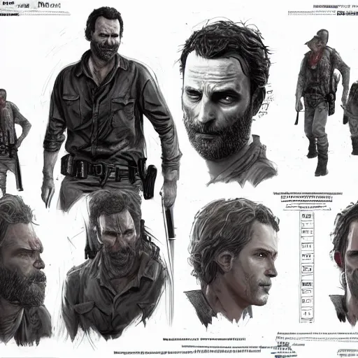 Image similar to character design sheet, rick grimes, the walking dead, fantasy, medieval, vivid colors, concept art, sharp focus, digital art, Hyper-realistic, 4K, Unreal Engine, Highly Detailed, HD, Dramatic Lighting by Brom, trending on Artstation