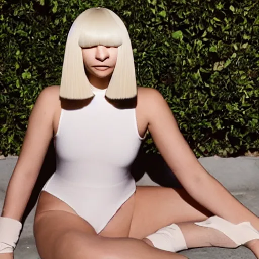 Image similar to sia furler wearing a skin colored leotard full body artistic photoshoot