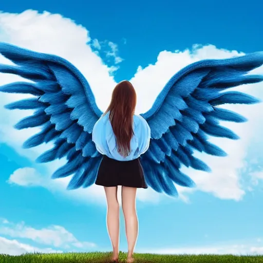 Image similar to bright blu sky. fluffy clouds. angels with big wings wake - up