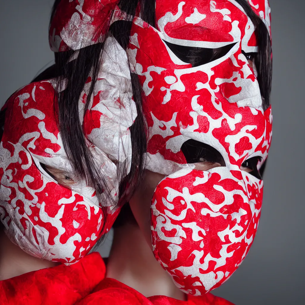 Image similar to highly detailed editorial photography of a woman wearing a red and white Kabuki mask, reflective light, at twilight, ultra fashion 8K, intricate, 105mm f2.8