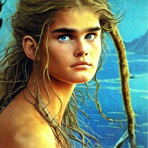 Image similar to a realistic, very beautiful and atmospheric portrait of young brooke shields in the movie blue lagoon aged 1 8 as a druidic warrior wizard looking at the camera with an intelligent gaze by rebecca guay, michael kaluta, charles vess and jean moebius giraud
