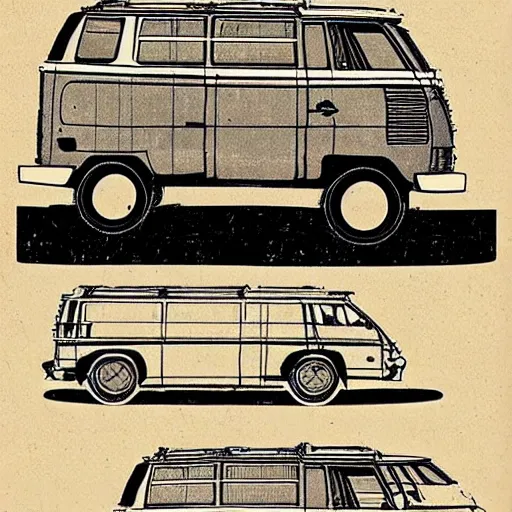 Image similar to detailed schematic for a vw vanagon with rocket engines, faded parchment, aged, descriptions, highly detailed, 8 k,