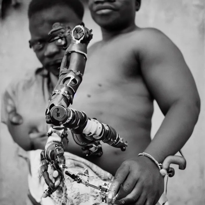 Prompt: an analogue photo of a Tribal Igbo man with robotic prosthetic arm, black & white, 35mm, f/1.4,