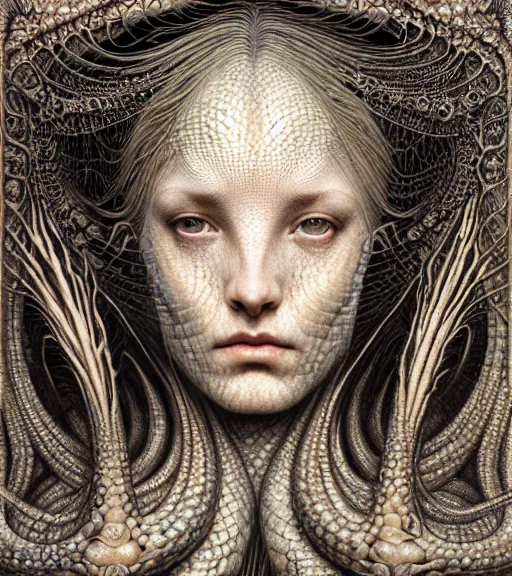 Image similar to detailed realistic beautiful reptile goddess face portrait by jean delville, gustave dore, iris van herpen and marco mazzoni, art forms of nature by ernst haeckel, art nouveau, symbolist, visionary, gothic, neo - gothic, pre - raphaelite, fractal lace, intricate alien botanicals, ai biodiversity, surreality, hyperdetailed ultrasharp octane render