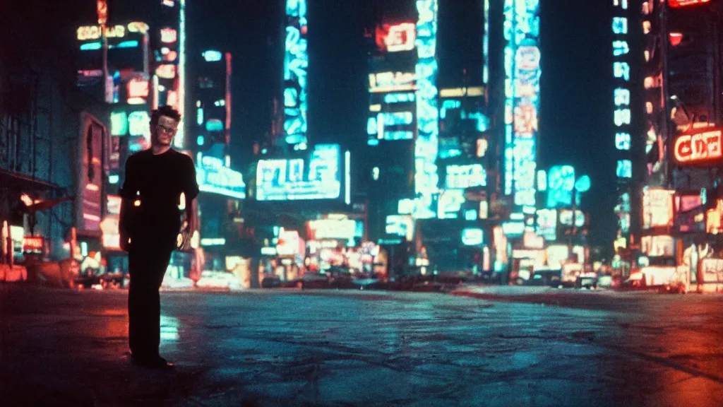 Prompt: portrait of James Dean in a cyberpunk cityscape with neon lights, Cinestill 800t film photo