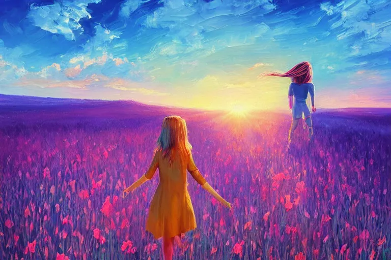 Image similar to giant gladiola head, girl walking in field of flowers, surreal photography, sunrise, blue sky, dramatic light, impressionist painting, digital painting, artstation, simon stalenhag