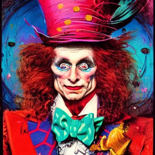 Image similar to a portrait of the mad hatter in wonderland, by basil gogos and phillipe druillet and paul lehr, trending on artstation hq, deviantart, pinterest, 4 k uhd image