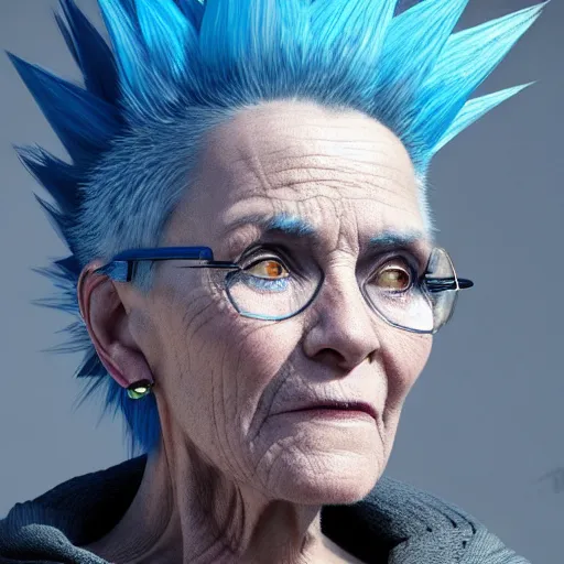 Prompt: old woman with a blue mohawk, realistic, 8 k, extremely detailed, cgi, trending on artstation, hyper - realistic render, 4 k hd wallpaper, premium prints available, by greg rutkowski