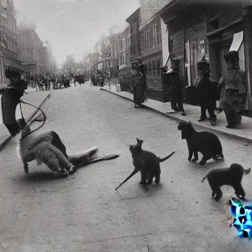 Prompt: anthro animals playing in the street, 1900s photograph